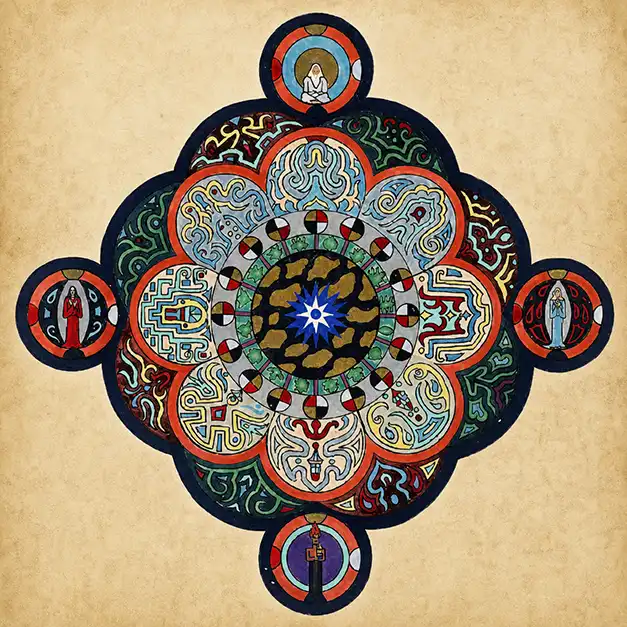 A stylized tree of life with symbols - a visual structure of values ​​and processes