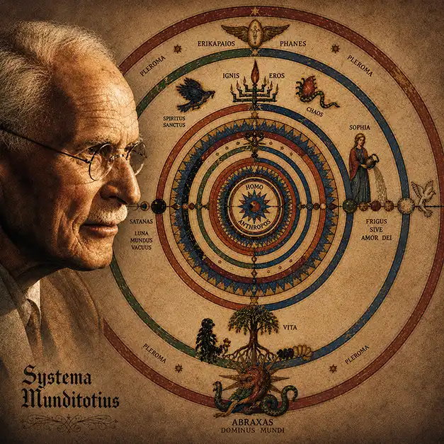 Jung's Mandala - a human figure lifting a circle with a cross above a city, symbol of the Self and the inner center